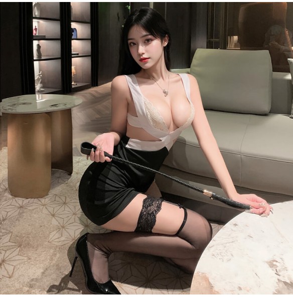 FEE ET MOI - Sultry Deep V Secretary Outfit (White - Black) FEE ET MOI - Sultry Deep V Secretary Outfit (White - Black)